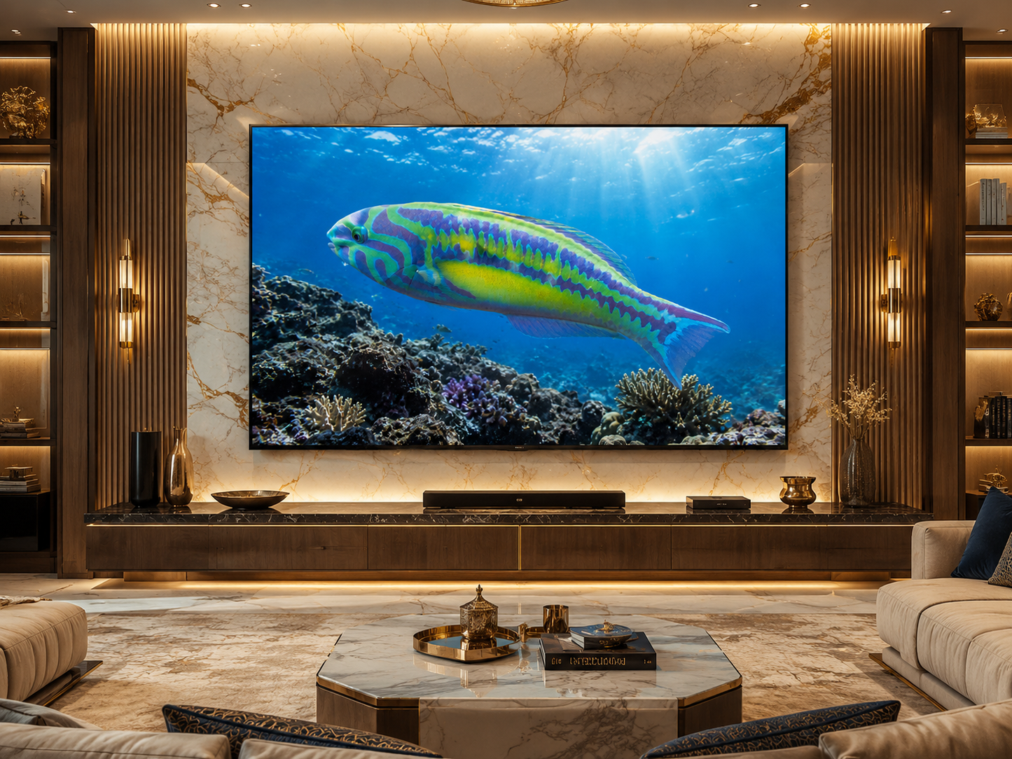 Digital marine atlas and infographic care card of the Five-Stripe Wrasse (Thalassoma quinquevittatum) displaying its glowing green-yellow body and five vivid pink stripes.