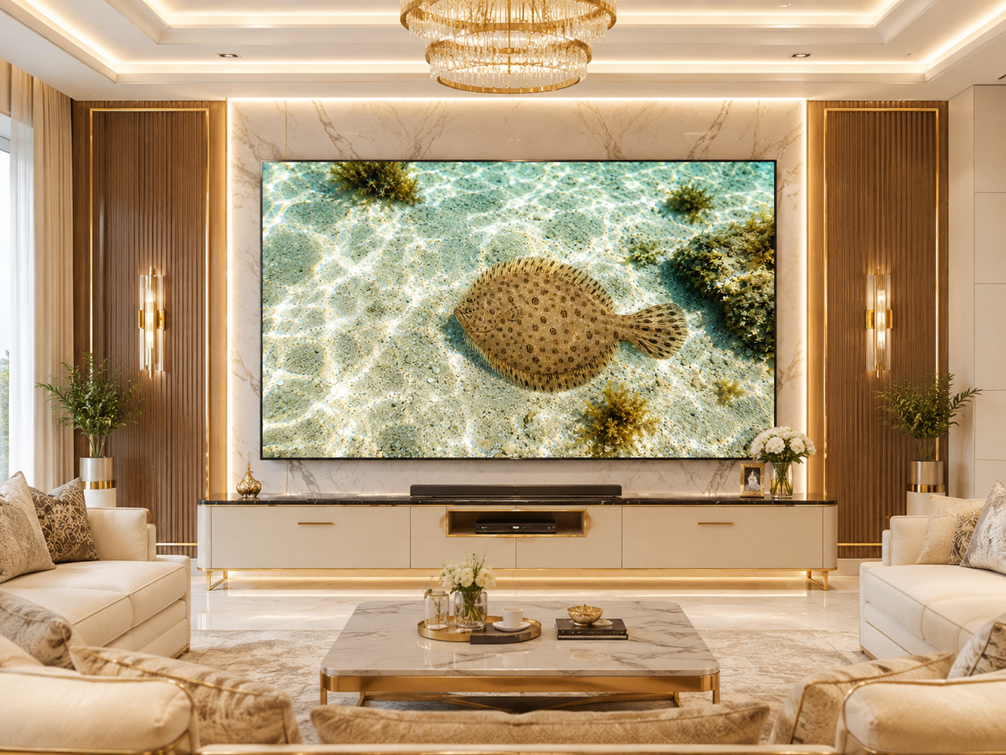 Digital marine atlas and infographic care card of the Windowpane Flounder (Scophthalmus aquosus) displaying its speckled oval body adapted for sandy bottom camouflage.