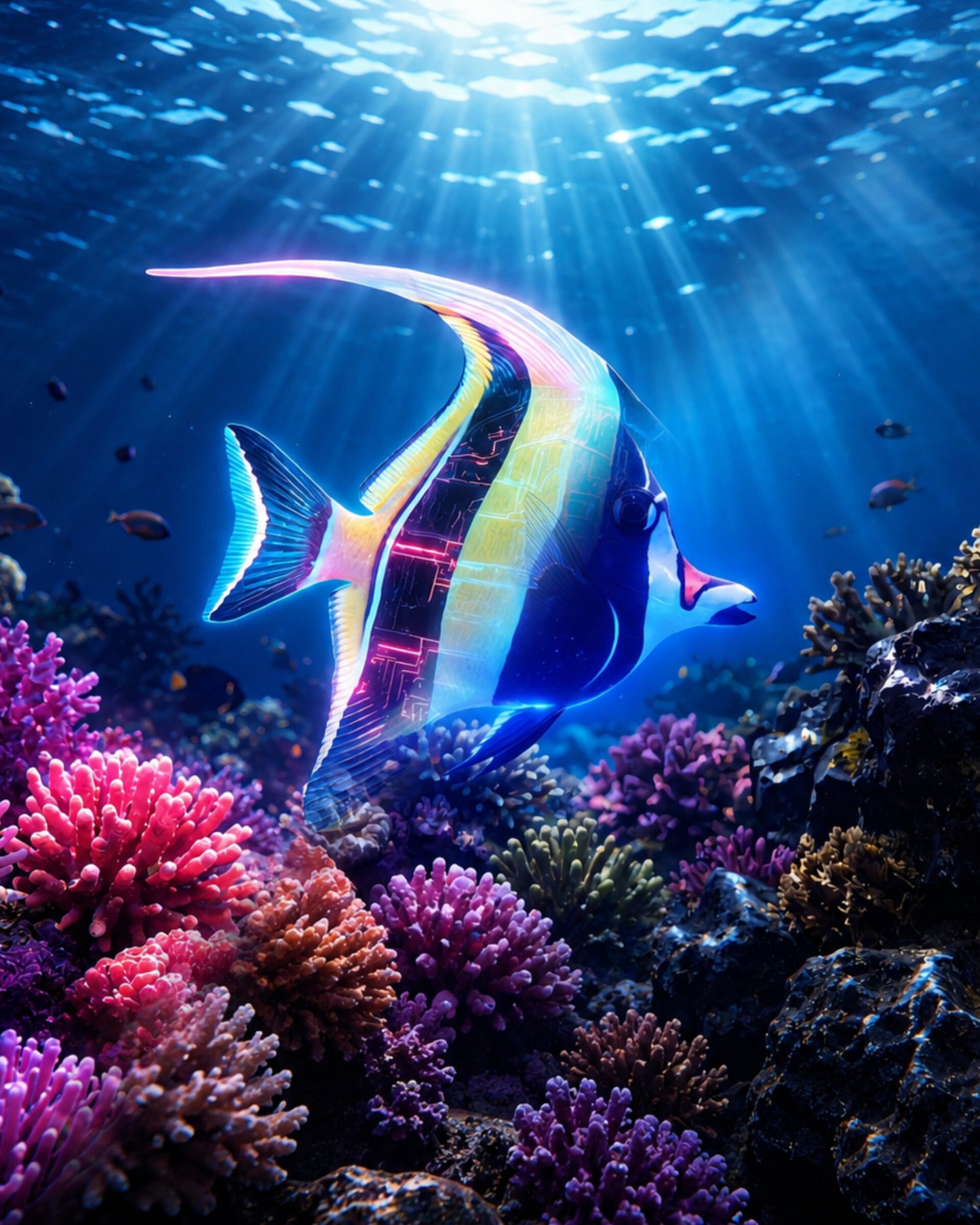 Moorish idol Zanclus cornutus with long white dorsal filament rendered as CECOZ Genesis Digital Soul #008 NFT artwork