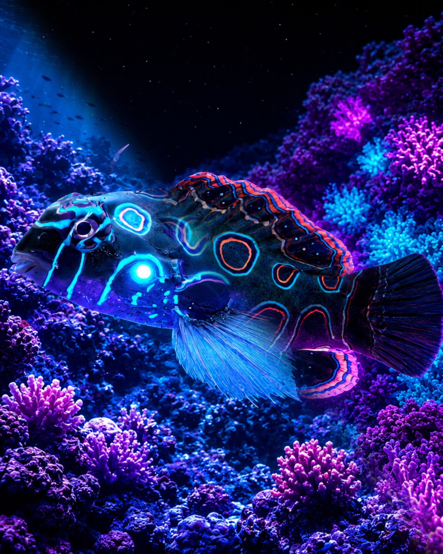 Picturesque Dragonet with glowing blue-ringed spots, Mandarin family reef fish — CECOZ Genesis Digital Soul #005