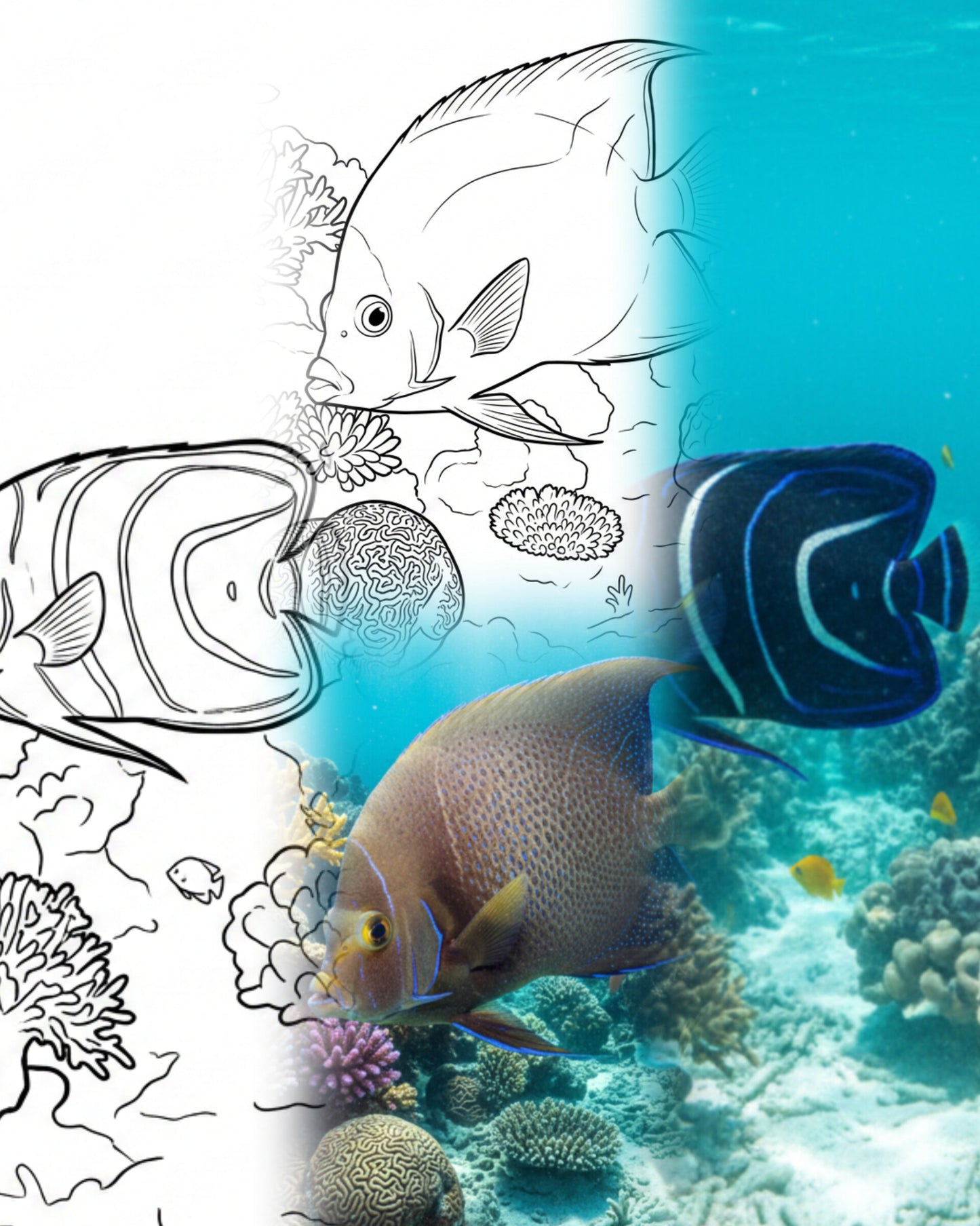 Koran Angelfish (Pomacanthus semicirculatus) Life Cycle Bundle (Juvenile & Adult) | Marine Explorer Coloring Kit