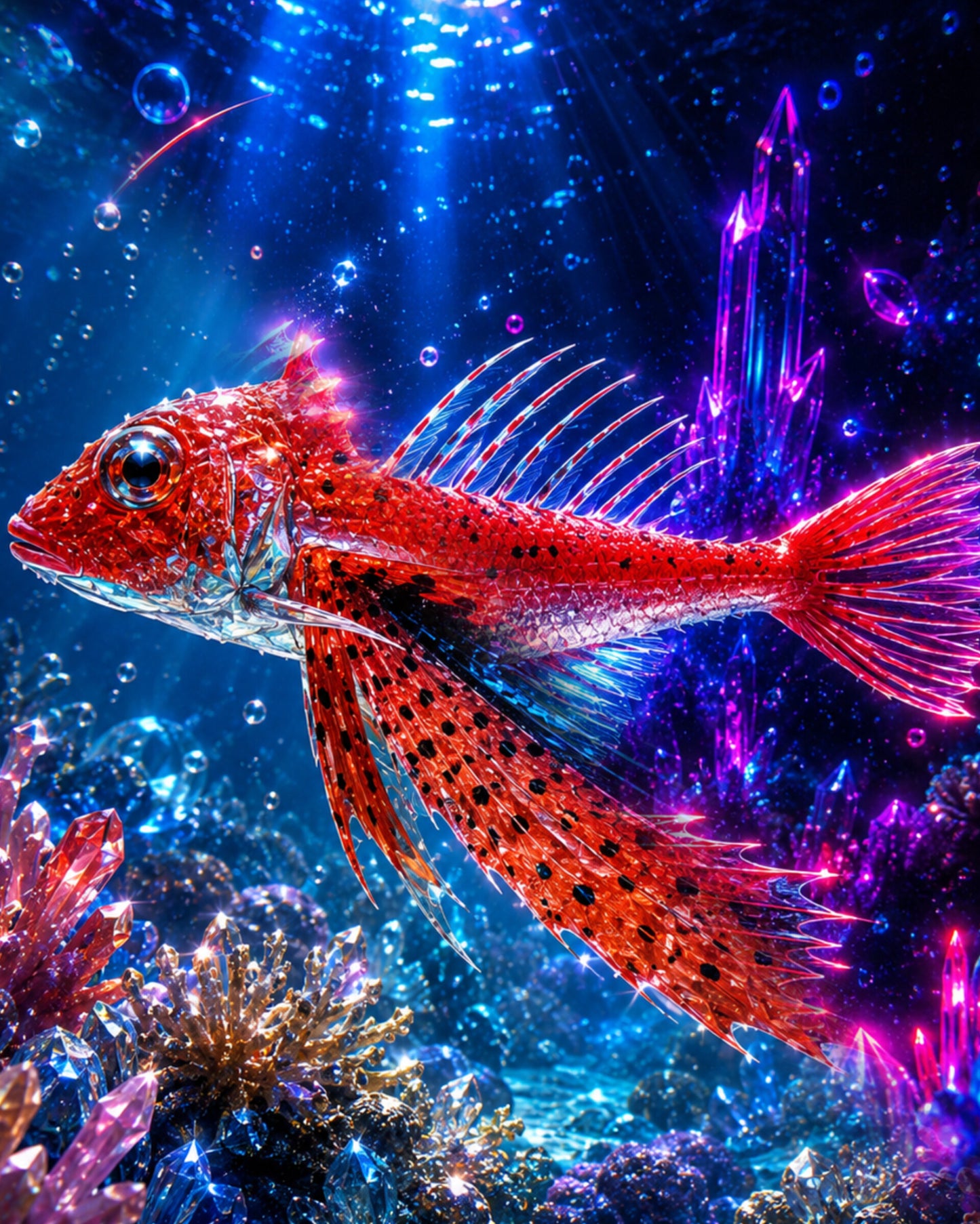 CECOZ Genesis Digital Soul #023 — Starry Flying Gurnard (Dactyloptena peterseni), a deep-blue and crimson deep-water fish with wing-like pectoral fins and an elongated dorsal filament, rendered as luminous digital art