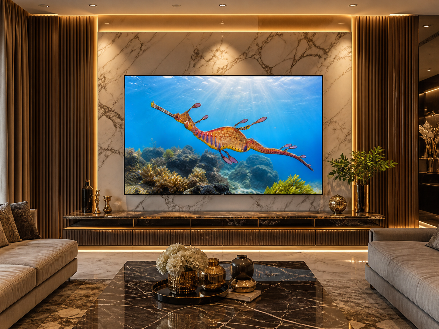 Digital marine atlas and infographic care card of the Weedy Seadragon Deep Water Form (Phyllopteryx taeniolatus) showing its elegant elongated body and peaceful mid-water swimming form.