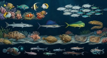 CECOZ Marine Atlas illustration showing different marine fish families and ocean diversity