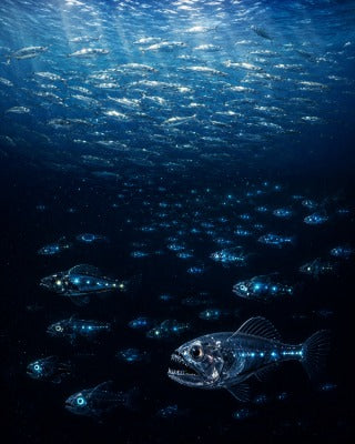 Schooling fishes and deep sea lanternfish educational ocean illustration by CECOZ