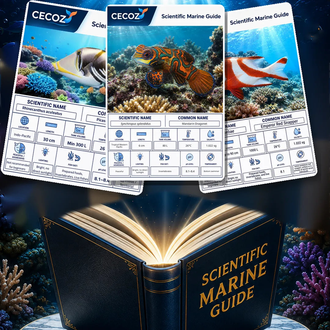 CECOZ Scientific Marine Guide featuring illustrated marine species profile cards above an illuminated open book surrounded by coral reefs.