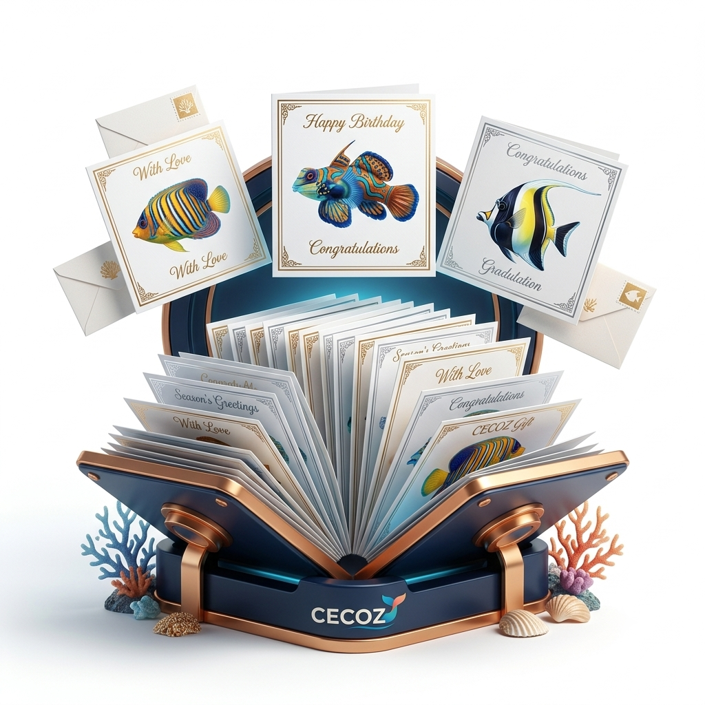 CECOZ Free Marine Greeting Cards Collection displaying open gift box with colorful ocean reef fish cards
