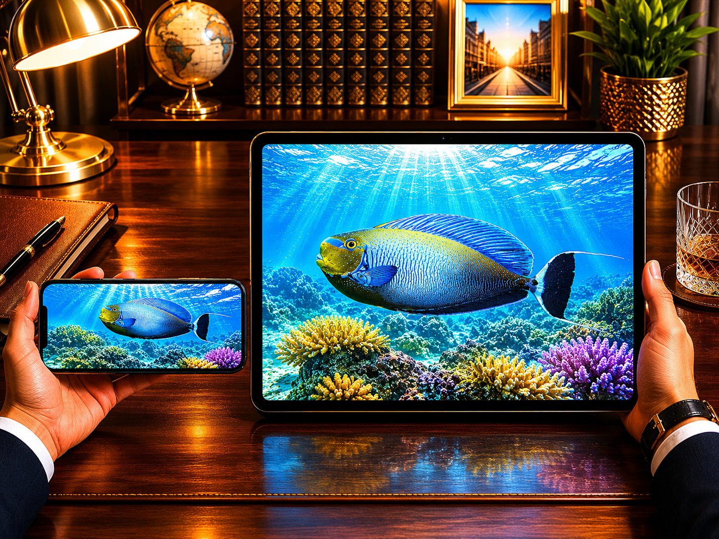 Digital marine atlas and infographic care card of the Bignose Unicornfish (Naso vlamingii) showcasing its large iridescent blue-spotted profile and lyretail filaments.
