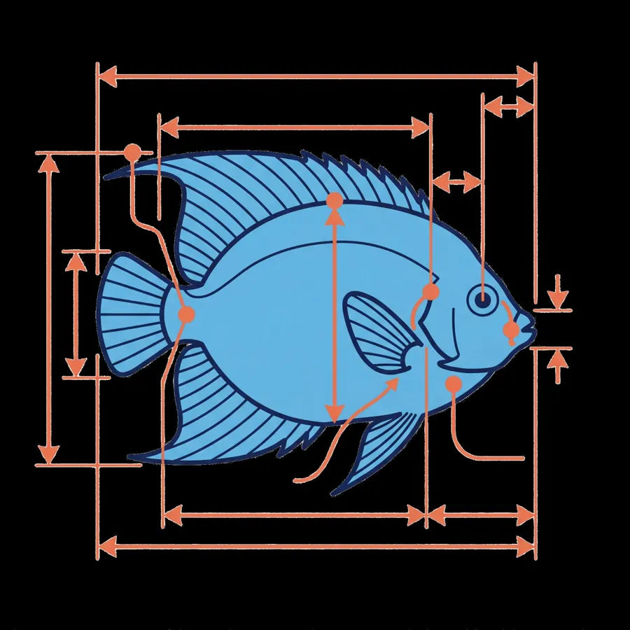 Scientific fish anatomy and measurement diagram for marine species identification and educational reference