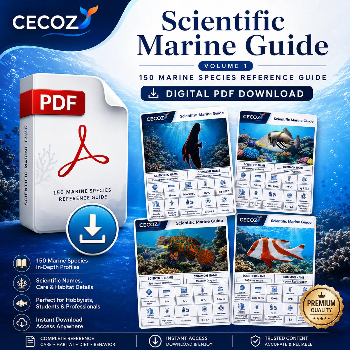 Promotional cover for the CECOZ Scientific Marine Guide Volume 1 digital PDF, featuring 150 marine species profiles with high-resolution images, scientific names, habitat, care, diet, and behavior information.