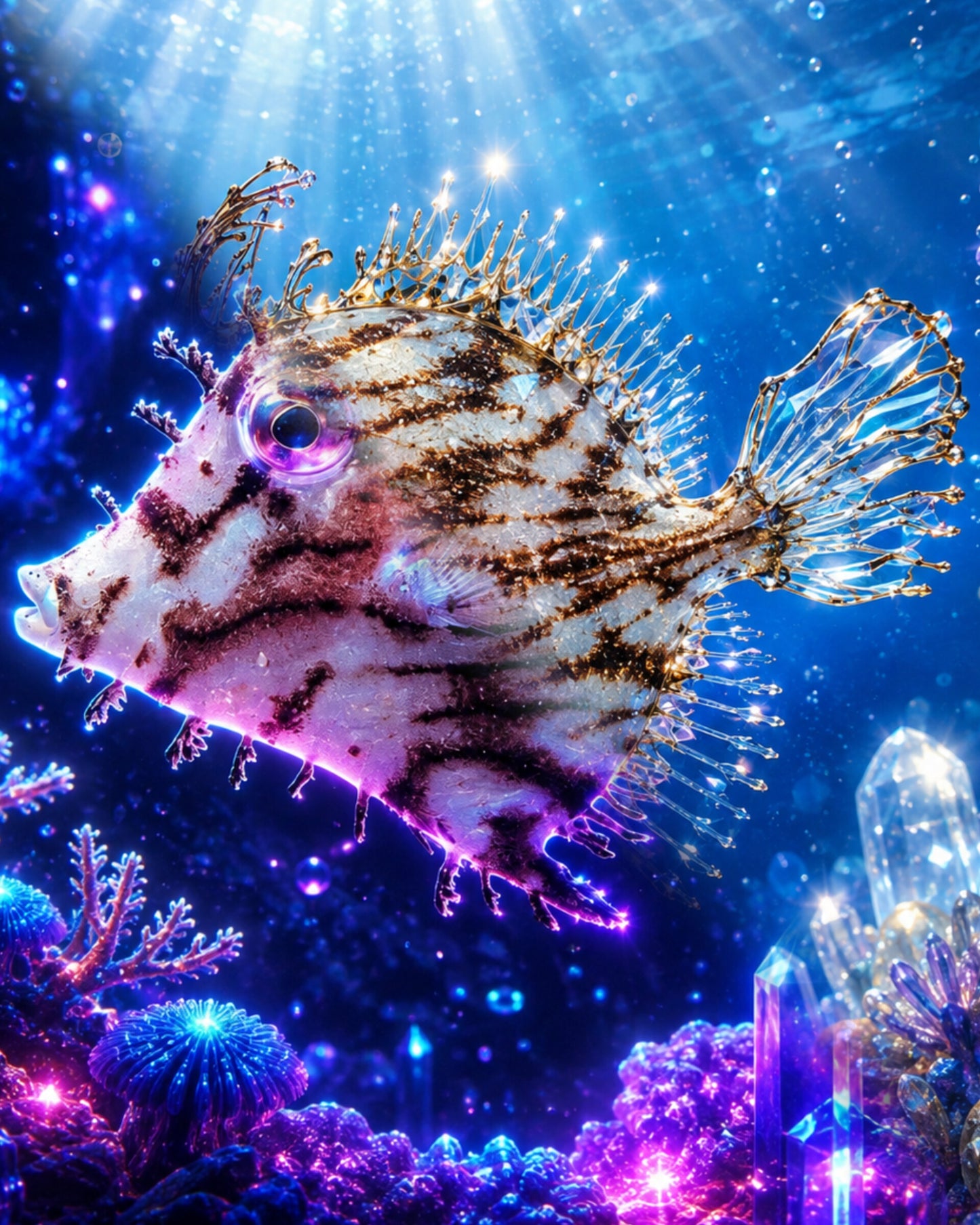 Tasselled leatherjacket Chaetodermis penicilligerus covered in branching dermal appendages rendered as CECOZ Genesis Digital Soul #022 NFT artwork