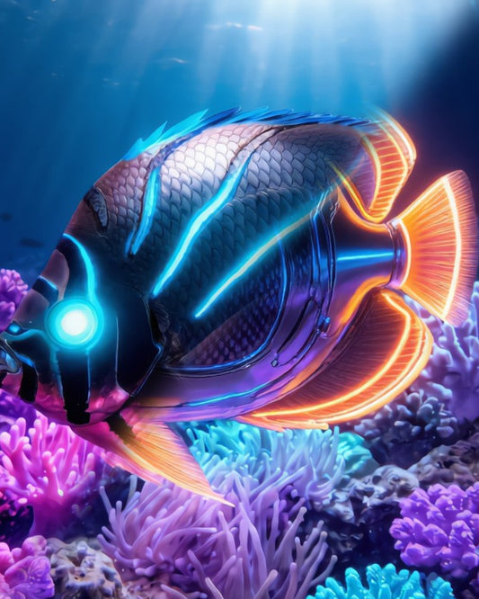 Meyer's butterflyfish Chaetodon meyeri with curved glowing blue lines rendered as CECOZ Genesis Digital Soul #009 NFT artwork