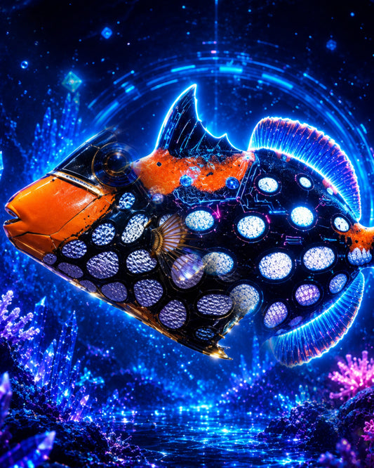 Clown triggerfish Balistoides conspicillum with white spots and orange mouth rendered as CECOZ Genesis Digital Soul #013 NFT artwork