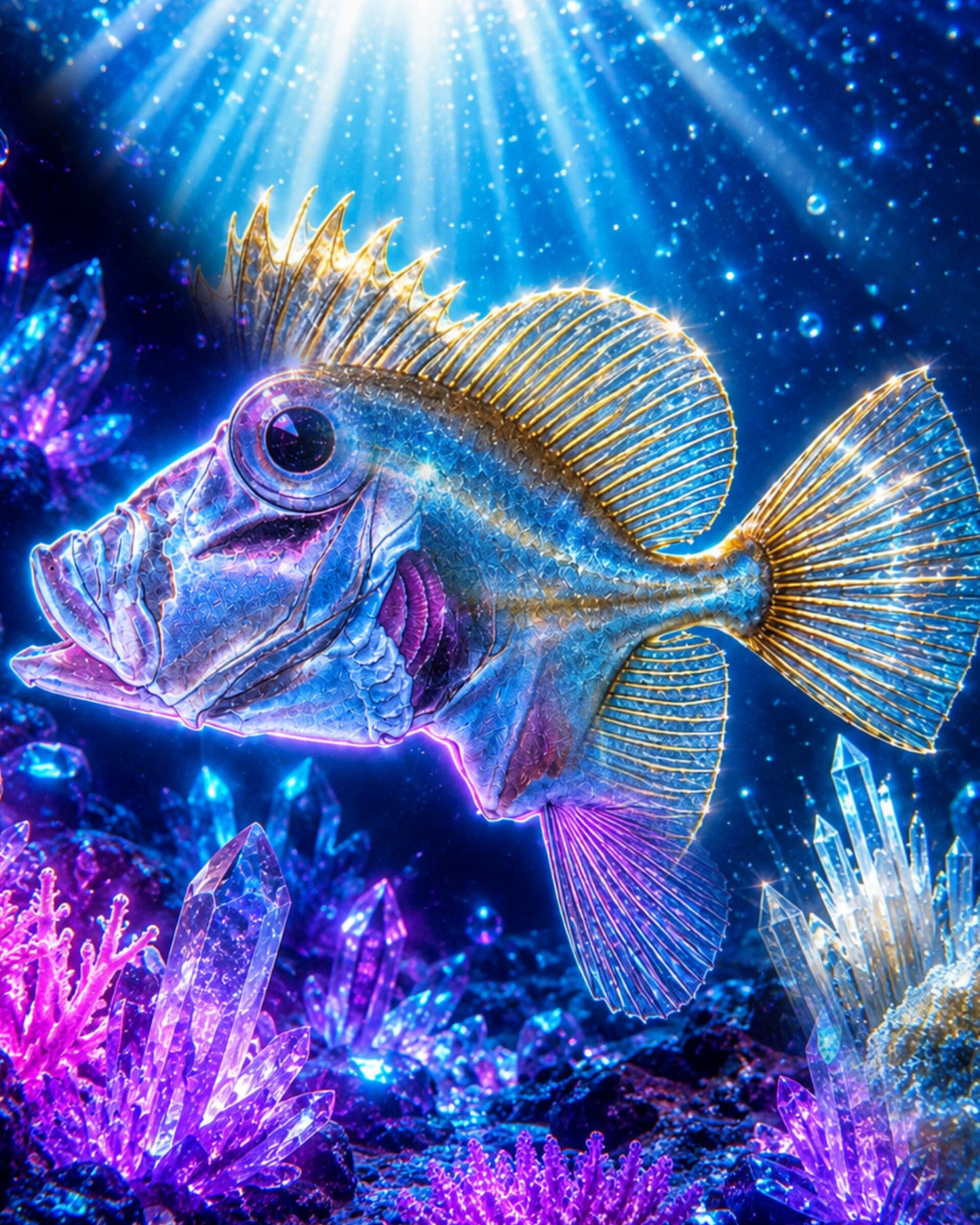 Rosy dory Cyttopsis rosea with enormous eye and protrusible jaw among violet crystals rendered as CECOZ Genesis Digital Soul #021 NFT artwork