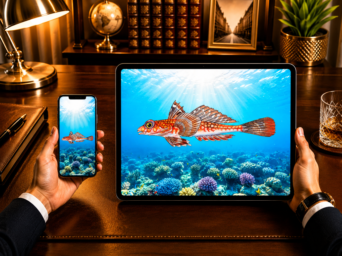 Digital marine atlas and infographic care card of the Foetorepus Dragonet (Foetorepus sp.) showcasing its reddish-orange patterned body and large expressive eyes.
