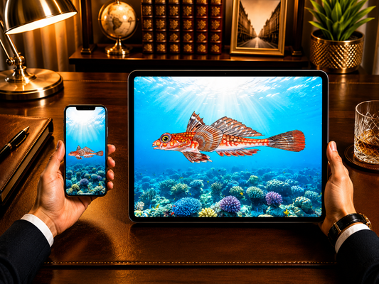 Digital marine atlas and infographic care card of the Foetorepus Dragonet (Foetorepus sp.) showcasing its reddish-orange patterned body and large expressive eyes.
