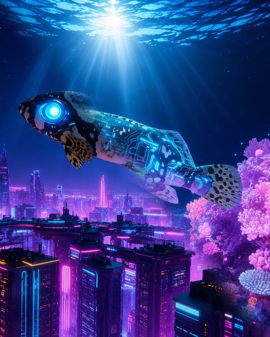 Giant grouper Epinephelus lanceolatus with glowing blue eye above a neon city rendered as CECOZ Genesis Digital Soul #011 NFT artwork
