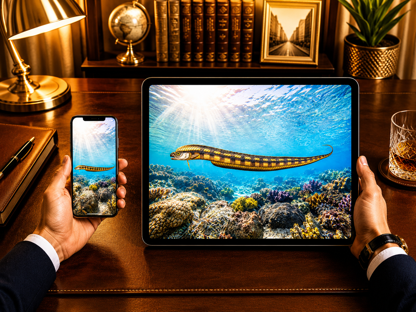 Digital marine atlas and infographic care card of the Hairytail Blenny (Xiphasia setifer) displaying its unique elongated yellow body with dark vertical stripes.