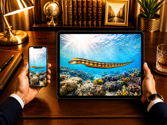 Digital marine atlas and infographic care card of the Hairytail Blenny (Xiphasia setifer) displaying its unique elongated yellow body with dark vertical stripes.