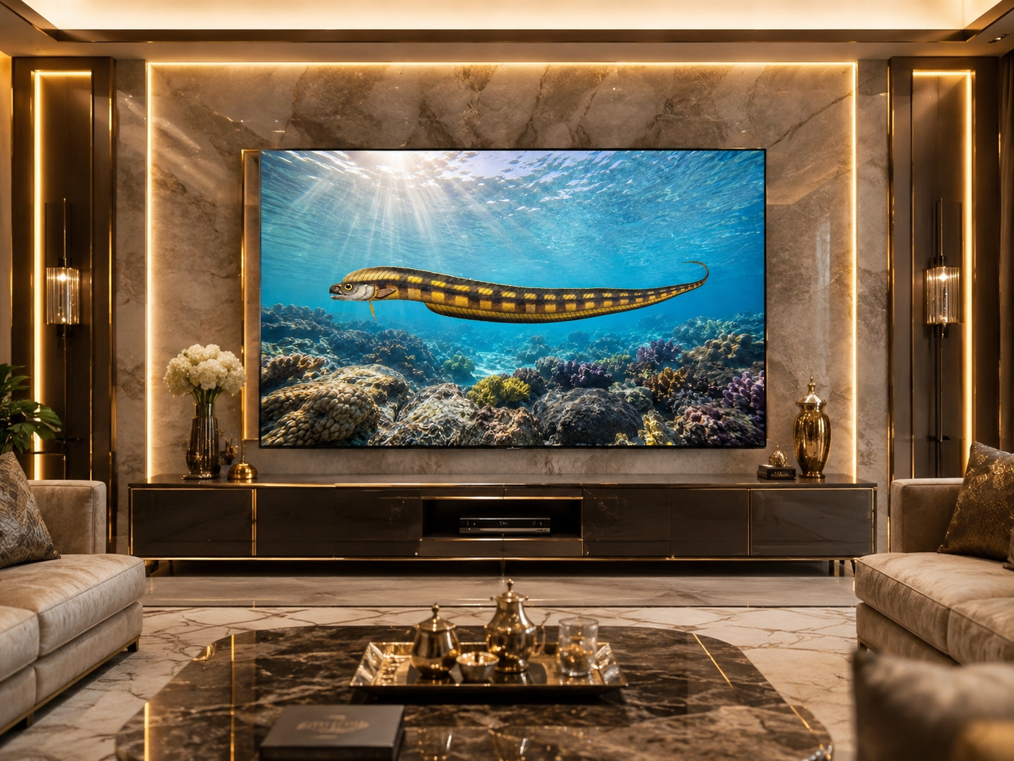 Digital marine atlas and infographic care card of the Hairytail Blenny (Xiphasia setifer) displaying its unique elongated yellow body with dark vertical stripes.
