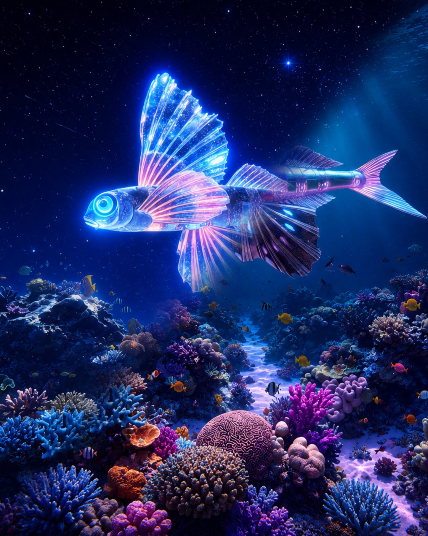 Flying fish Hirundichthys with wing-like pectoral fins gliding above a reef rendered as CECOZ Genesis Digital Soul #010 NFT artwork