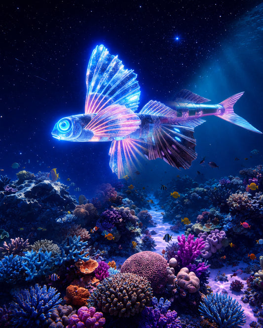 Flying fish Hirundichthys with wing-like pectoral fins gliding above a reef rendered as CECOZ Genesis Digital Soul #010 NFT artwork