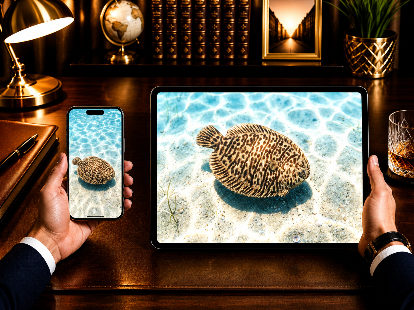 Digital marine atlas and infographic care card of the Hogchoker (Trinectes maculatus) showcasing its rounded brown patterned body adapted for muddy bottom camouflage.