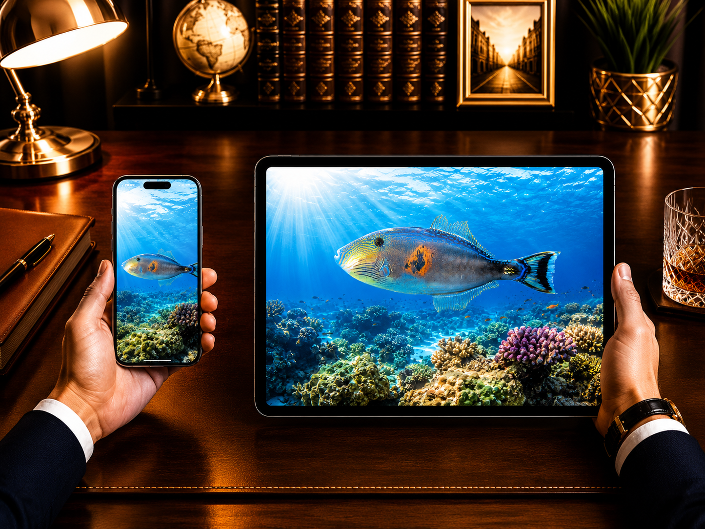 Digital marine atlas and infographic care card of the Horseshoe Leatherjacket (Meuschenia hippocrepis) showcasing its blue facial lines and distinctive orange side patch.