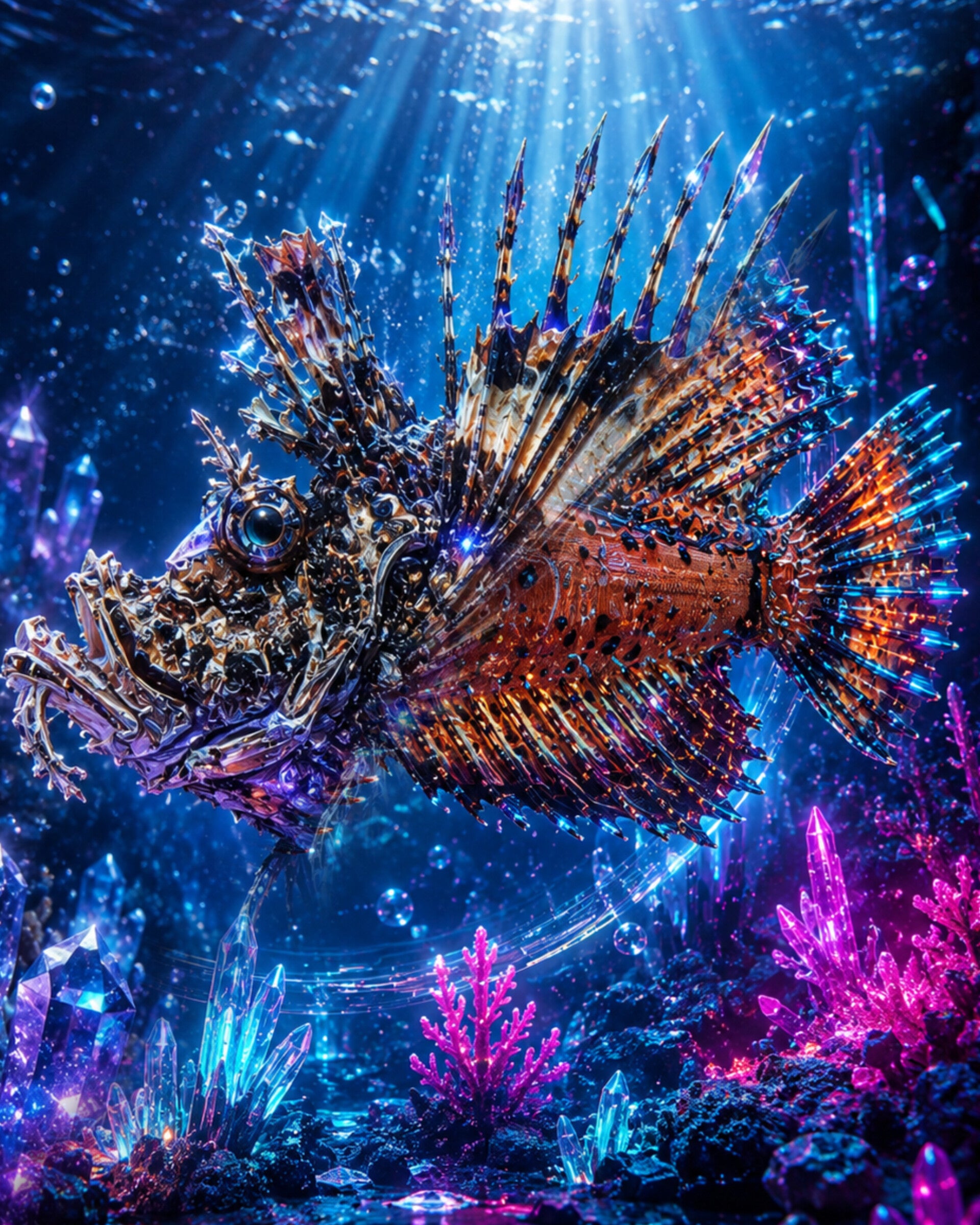 Bearded ghoul Inimicus didactylus with spiny venomous fins among glowing crystals rendered as CECOZ Genesis Digital Soul #017 NFT artwork