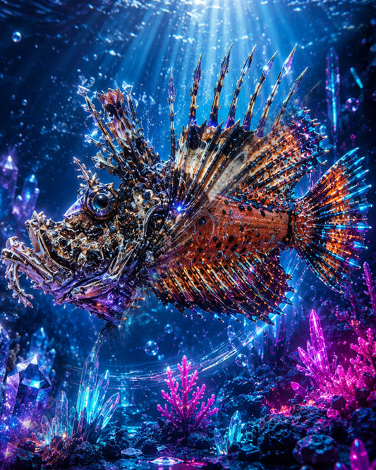 Bearded ghoul Inimicus didactylus with spiny venomous fins among glowing crystals rendered as CECOZ Genesis Digital Soul #017 NFT artwork