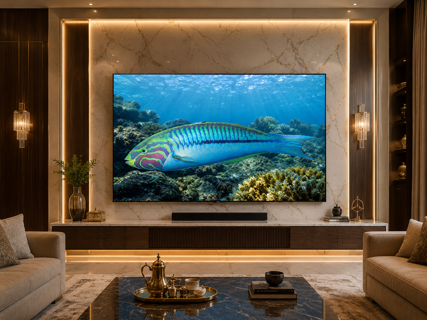 Digital marine atlas and infographic care card of the Klunzinger's Wrasse (Thalassoma klunzingeri) showcasing its bright green body covered in vertical pink stripes.