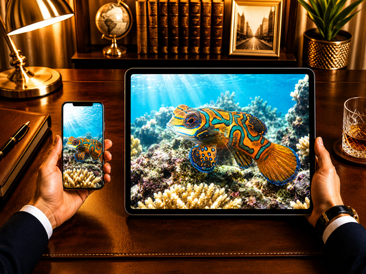Digital marine atlas and infographic care card of the Mandarin Dragonet (Synchiropus splendidus) displaying its legendary orange and electric blue labyrinth patterns.