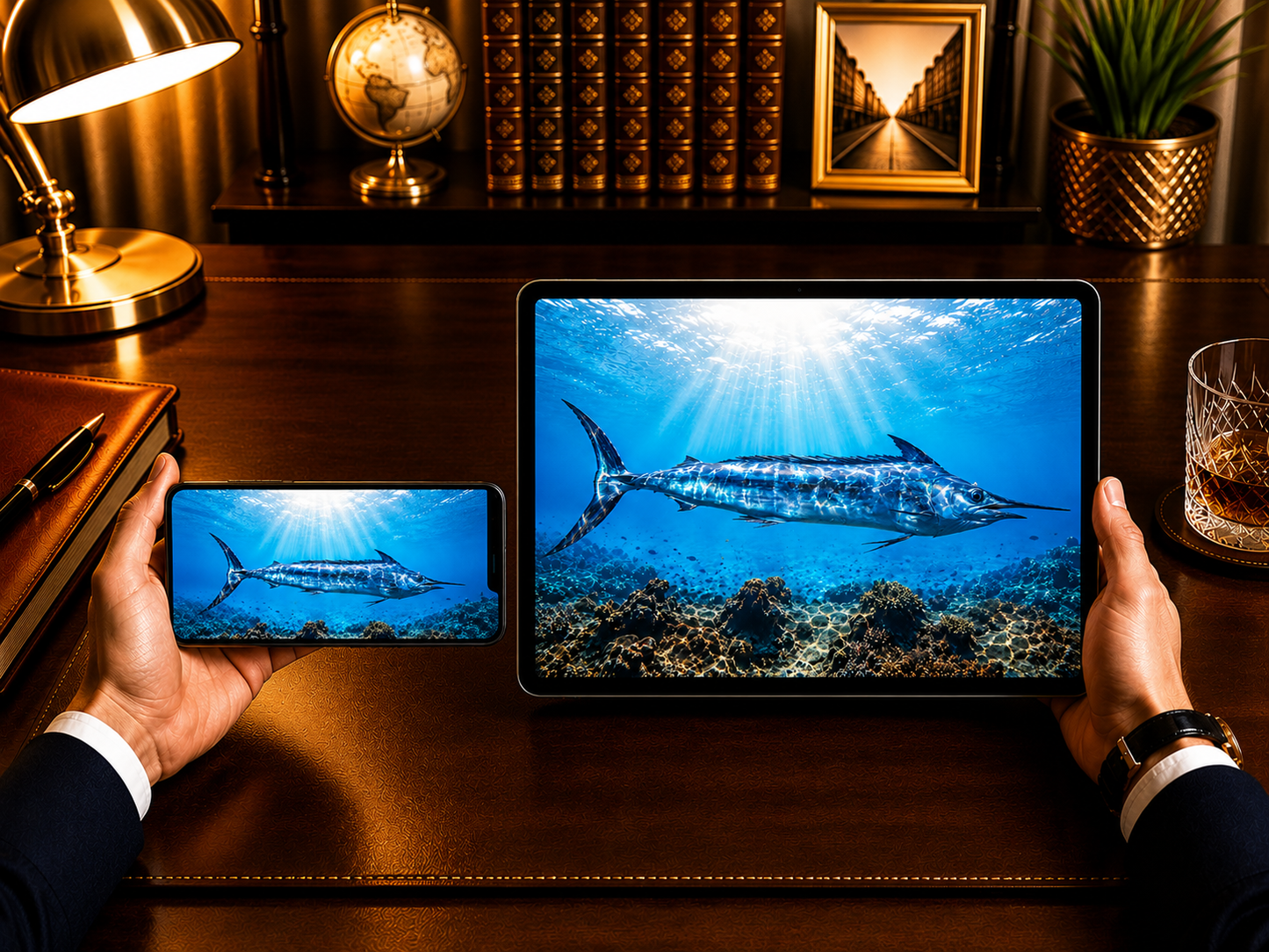 Digital marine atlas and infographic care card of the giant Marlin (Makaira sp.) displaying its powerful spear-like bill and sleek pelagic body.