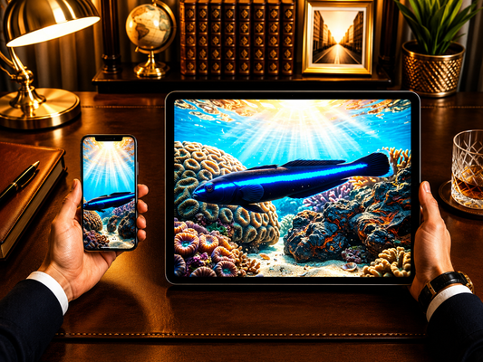Digital marine atlas and infographic care card of the Neon Goby (Elacatinus oceanops) showcasing its dark streamlined body and glowing electric blue neon stripe.