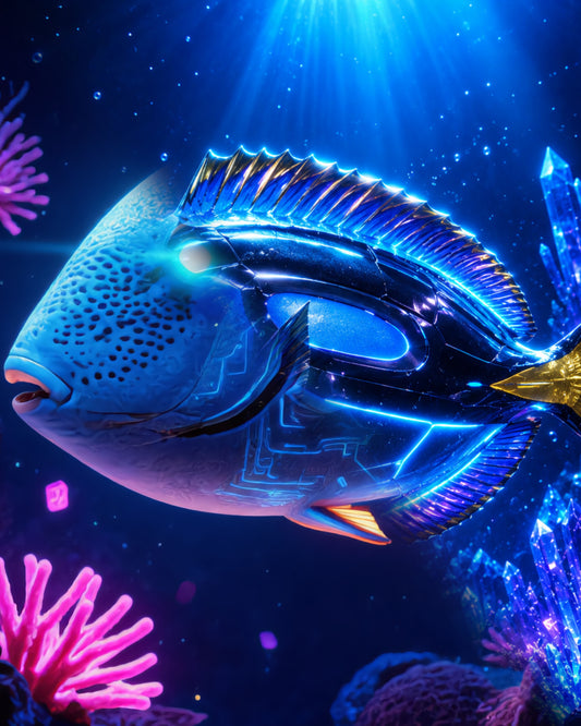 Blue tang Paracanthurus hepatus in royal blue with yellow tail rendered as CECOZ Genesis Digital Soul #007 NFT artwork
