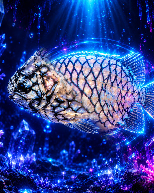 Australian pineapplefish Cleidopus gloriamaris with armoured golden scales rendered as CECOZ Genesis Digital Soul #014 NFT artwork