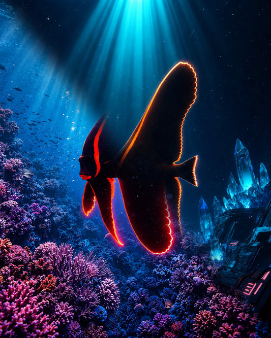 Juvenile pinnate batfish Platax pinnatus black with glowing orange outline rendered as CECOZ Genesis Digital Soul #012 NFT artwork
