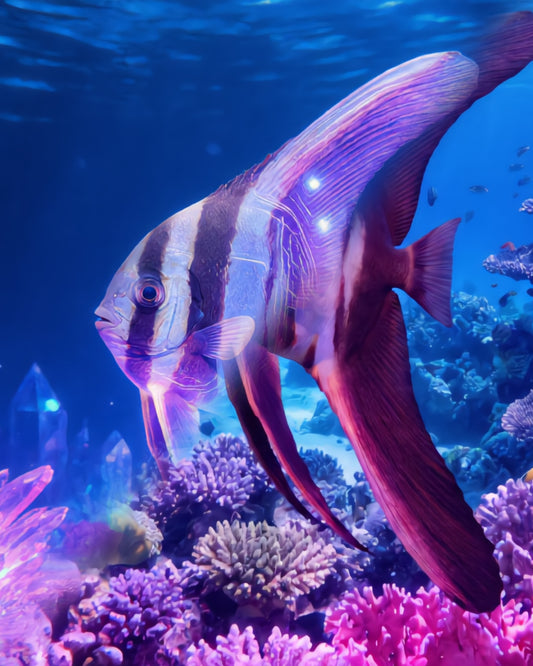 Teira batfish Platax teira with tall banded fins among glowing crystals rendered as CECOZ Genesis Digital Soul #016 NFT artwork