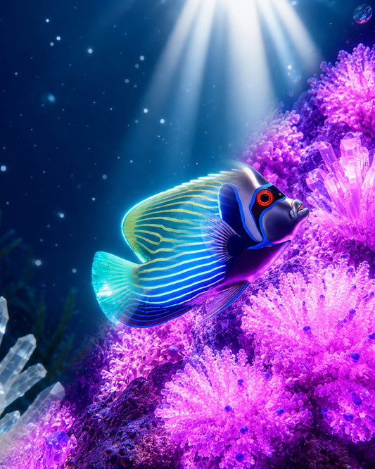 Adult emperor angelfish Pomacanthus imperator with yellow banding among white crystal coral rendered as CECOZ Genesis Digital Soul #020 NFT artwork