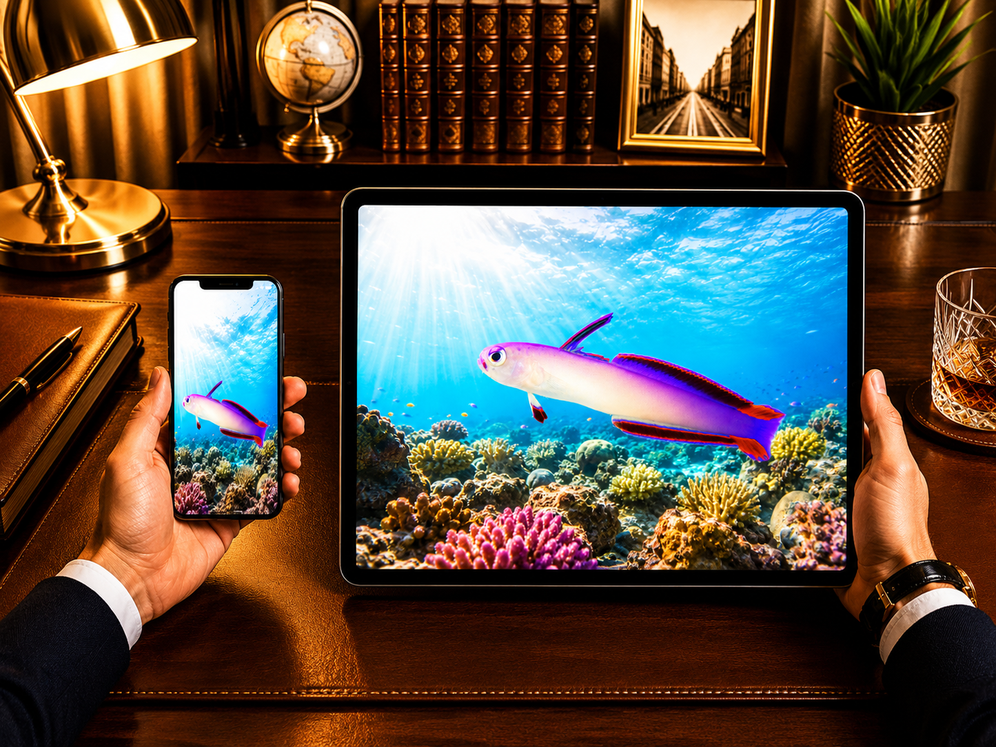 Digital marine atlas and infographic care card of the Purple Firefish (Nemateleotris decora) displaying its lavender body and vivid purple fin accents.