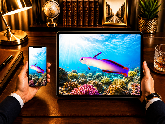 Digital marine atlas and infographic care card of the Purple Firefish (Nemateleotris decora) displaying its lavender body and vivid purple fin accents.