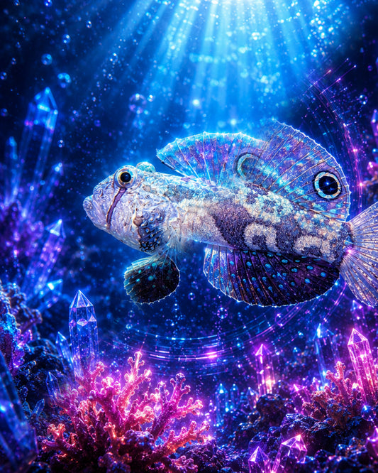 Twinspot goby Signigobius biocellatus with two eyespots on raised dorsal fins rendered as CECOZ Genesis Digital Soul #018 NFT artwork