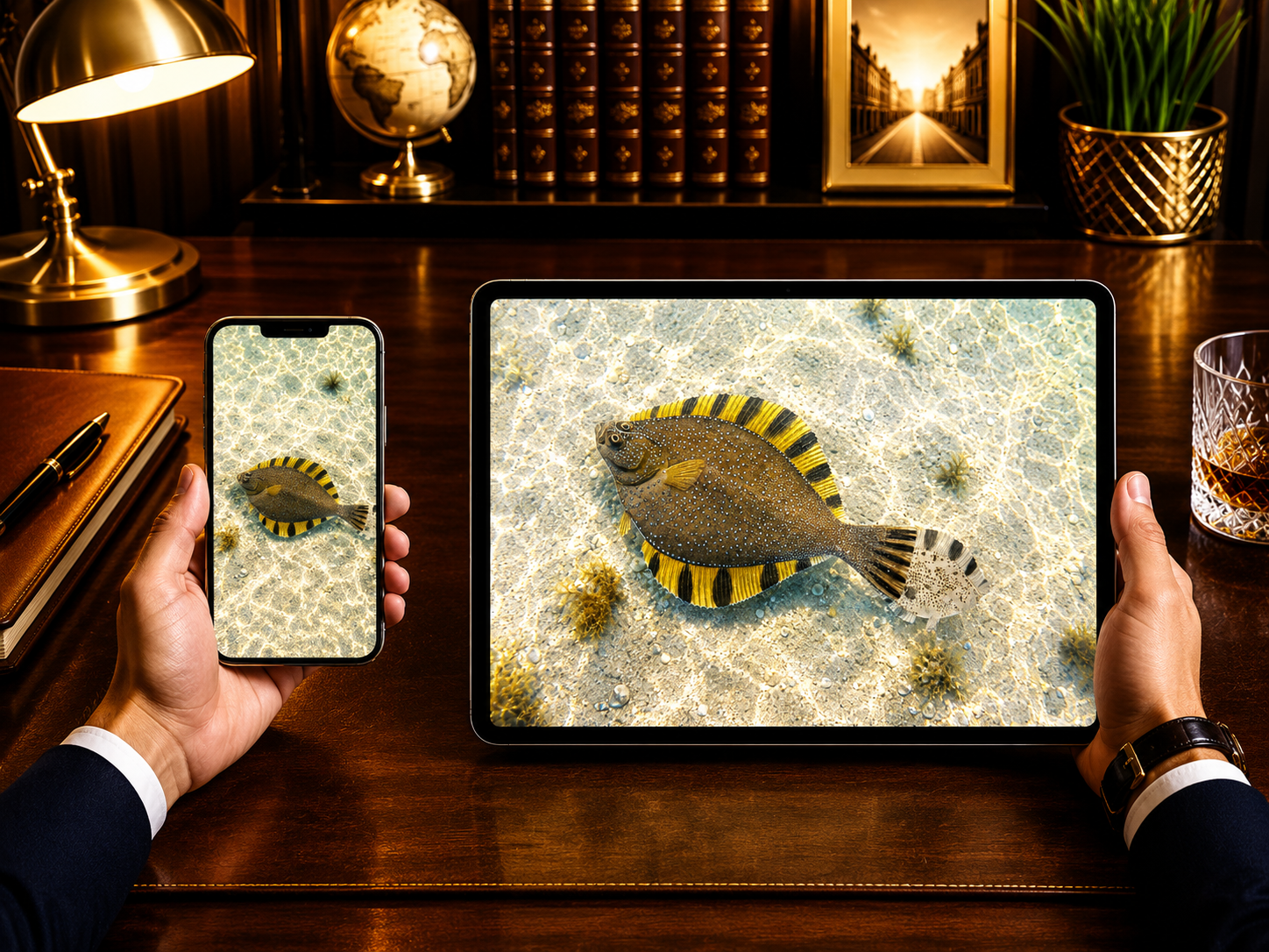 Digital marine atlas and infographic care card of the giant Starry Flounder (Platichthys stellatus) showcasing its dark starry-textured body and boldly striped fins.