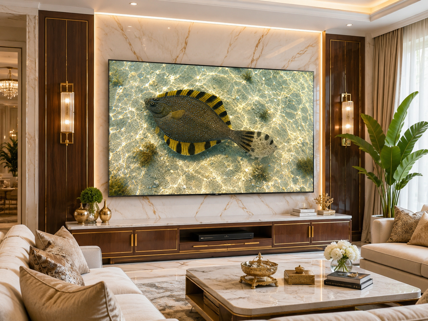 Digital marine atlas and infographic care card of the giant Starry Flounder (Platichthys stellatus) showcasing its dark starry-textured body and boldly striped fins.