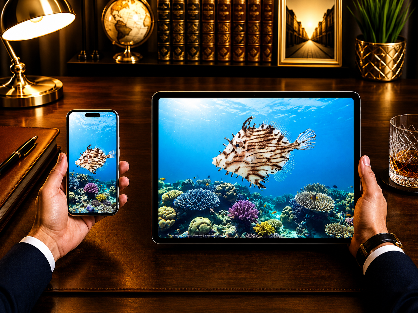Digital marine atlas and infographic care card of the Tasselled Leatherjacket (Chaetodermis penicilligerus) showcasing its weed-like skin tassels and striped camouflage.