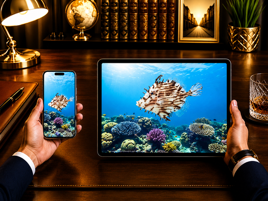 Digital marine atlas and infographic care card of the Tasselled Leatherjacket (Chaetodermis penicilligerus) showcasing its weed-like skin tassels and striped camouflage.