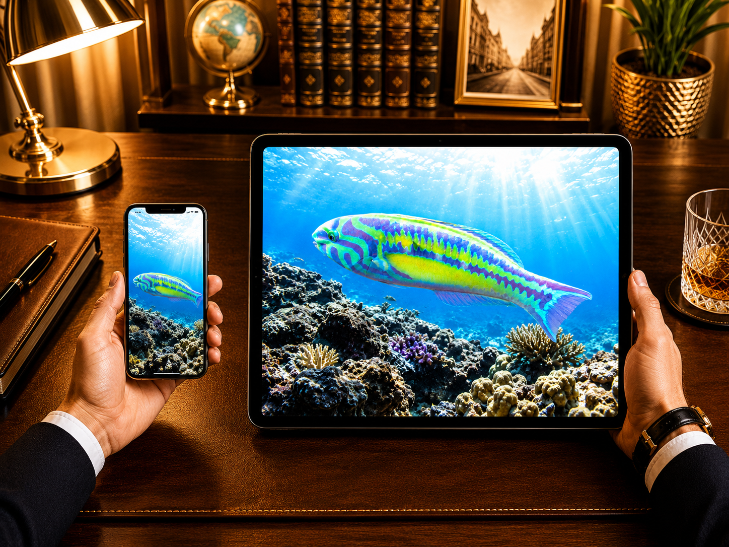 Digital marine atlas and infographic care card of the Five-Stripe Wrasse (Thalassoma quinquevittatum) displaying its glowing green-yellow body and five vivid pink stripes.