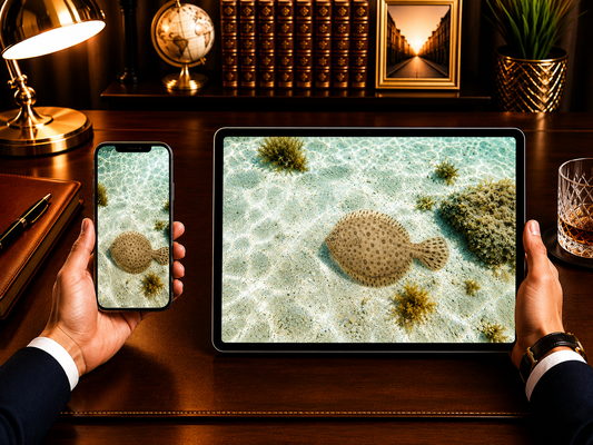 Digital marine atlas and infographic care card of the Windowpane Flounder (Scophthalmus aquosus) displaying its speckled oval body adapted for sandy bottom camouflage.