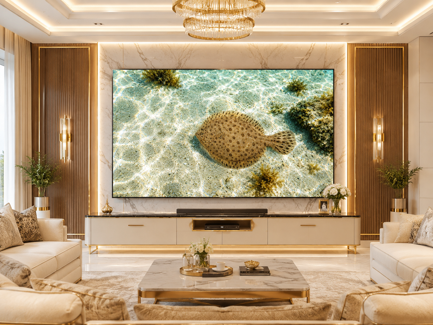 Digital marine atlas and infographic care card of the Windowpane Flounder (Scophthalmus aquosus) displaying its speckled oval body adapted for sandy bottom camouflage.