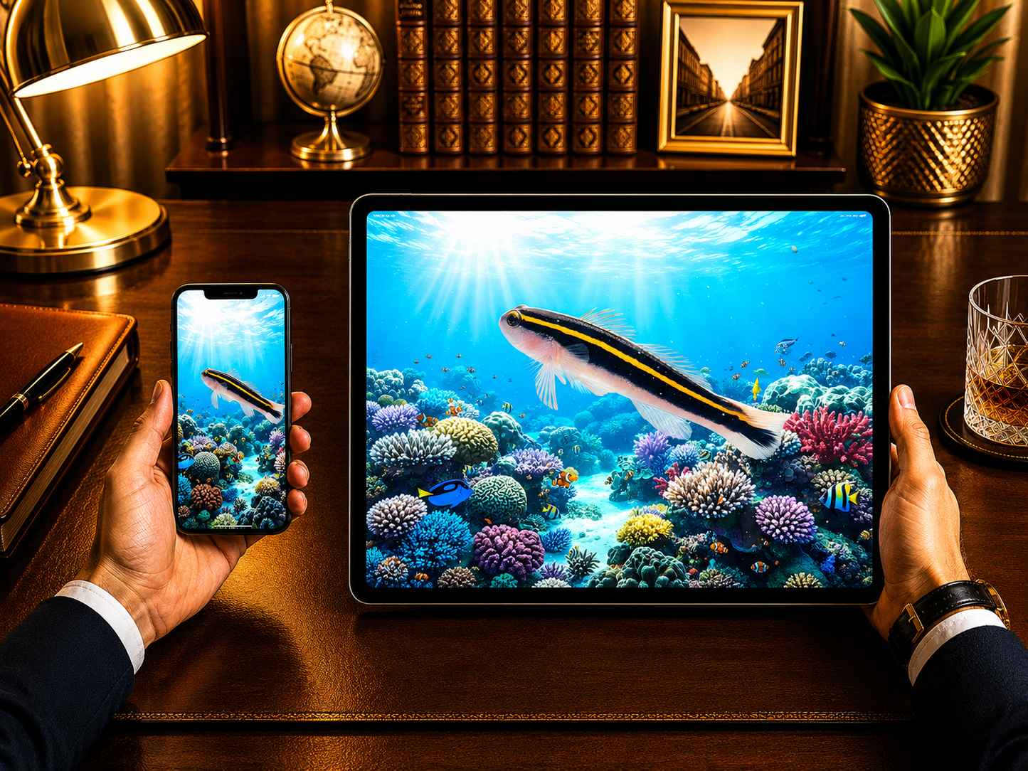 Digital marine atlas and infographic care card of the Yellowprow Goby (Elacatinus xanthiprora) showcasing its dark body and brilliant neon yellow brow stripe.
